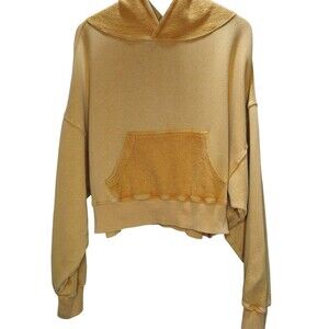 Free People Women’s Mustard Yellow Cropped Hoodie Sweatshirt Size L Long Sleeve
